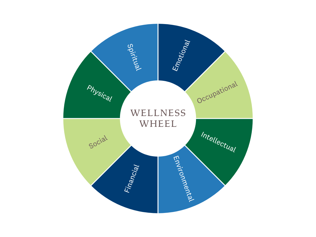 Wellness wheel highlighting that wellness consists of spiritual, physical, social, financial, environmental, intellectual, occupational, and emotional components